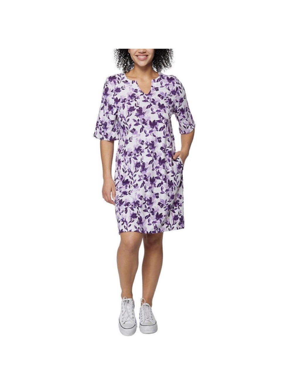 HANG TEN Purple White Floral SPF+ Protection Soft Cotton Dress Women's Large